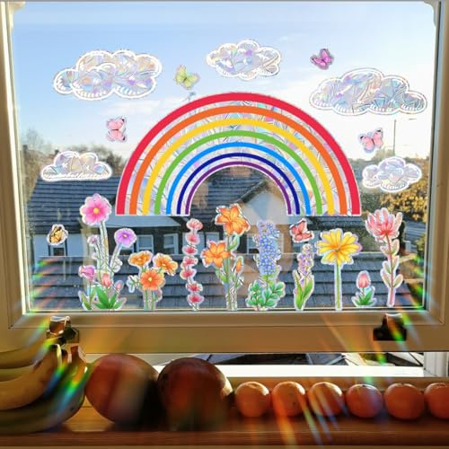 WandSticker4U®- Fensterbilder REGENBOGEN & BLUMEN selbstklebend (78x53 cm) I Fenstersticker Mädchen Blumen Regenbogen Suncatcher Sticker Rainbow I Prisma Fensteraufkleber Fensterdeko Frühling Sommer