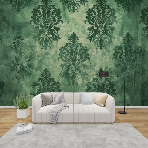 QEODAH Green Damask Wallpaper for Living Room, Vintage Green Wall Art for Bedroom, Baroque Wall Murals for Bedrooms, Renter Friendly Removable Waterproof Non-Woven Photo Wallpaper 3D, 350x256 cm