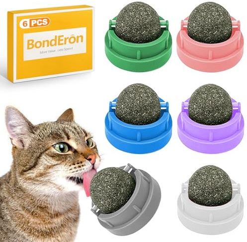 BondEron Juego de 6 bolas de hierba gatera con soporte de pared, juguete giratorio para gatos, pelotas interactivas para el empleo y la relajación