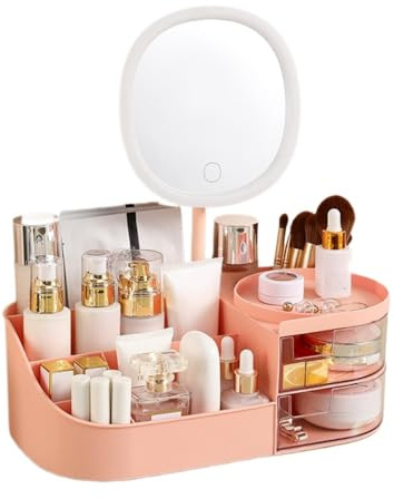 Caja De Almacenamiento Cosméticos Estilo Cajón Tocador Escritorio Espejo Maquillaje Productos para El Cuidado La Piel Estante Organizador Lápiz Labial (Rosa,Espejo + Grande)