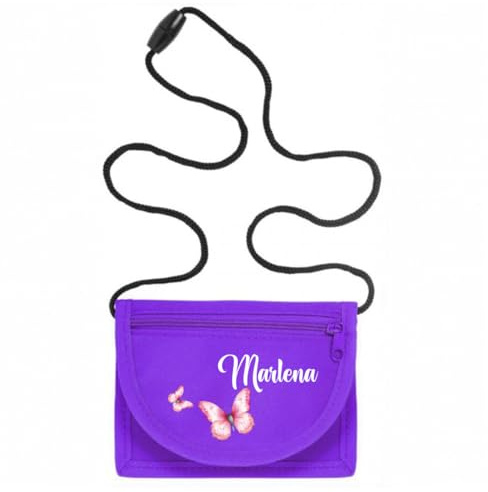 minimutz Geldbörse Kinder personalisiert, Kindergeldbeutel mit Name, Brustbeutel Schmetterling Mädchen (lila)