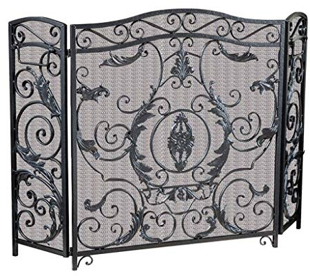 Grille de Protection pour cheminée, Grille de Protection pour cheminée à 3 Panneaux en Fer forgé Noir orné