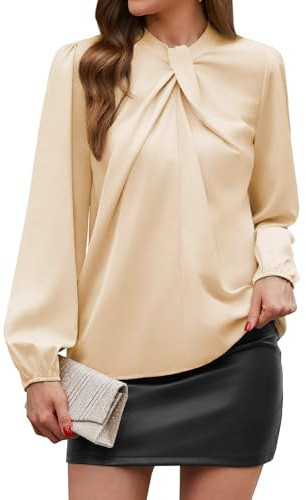 PASUDA Camicia Donna Elegante Blusa Maniche Lunghe Camicie in Raso di Seta Colletto Annodato Sciolto Bluse Tinta Unita Camicetta da Ufficio Casual Eleganti (Champagne, S)
