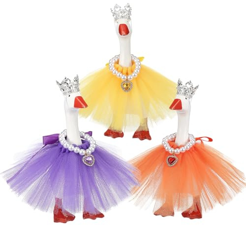 Sunnymove 9 Pcs 7 Inch Spring Mini Desk Goose Outfits with Crystal Rhinestone Tiara Crown Necklace Tutu Dress Magnetic Goose Key Holder Princess Customs for Statue Duck Key Holder (Bright,Heart)