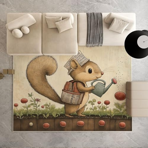 Cartoon Squirrel Washable Rug Cute Woodland Animal Rugs for Bedroom Hand Drawn Rodent Carpet for Living Room Soft Rug Flannel Indoor Outdoor Rugs for Kitchen Bathroom Entryway Home Decor 4x6 Ft