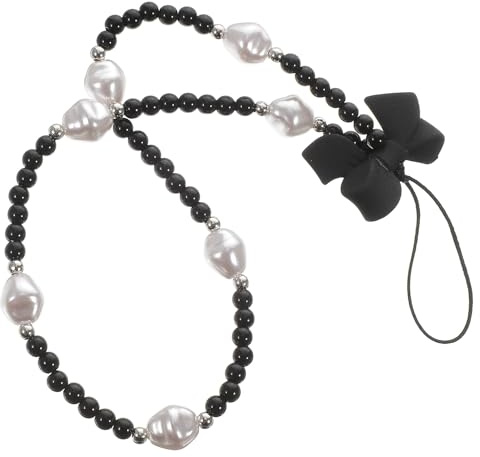 FRCOLOR Pulsera para Teléfono Móvil Cadena de Cuentas y Lazo, Cuerda Antipérdida Perlas Negras Irregulares, Ligera y Delicada para Mujer, Accesorio Decorativo Elegante