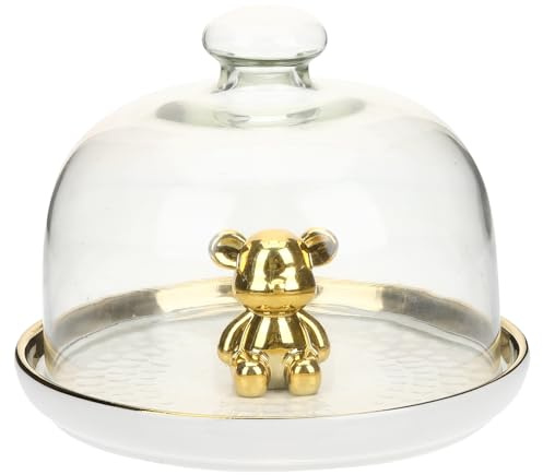 jojofuny Plateau à Gâteau en Céramique Petit Format avec Bord Doré Cloche de Présentation en Verre Transparente Plateau de Service pour Desserts Fruits et Snacks pour Maison et Fêtes