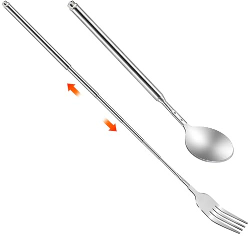 Molain 2 Pcs Extendable Fork and Spoon Set, Telescopic Stainless Steel Tableware Telescopic Spoon Long Telescoping Fork Retractable to 25 Inch for BBQ Dinner Fruit Dessert Portable Gift