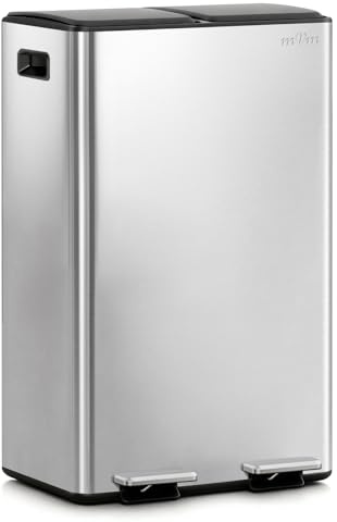mVm Pattumiera a doppio scomparto, 2 x 30 L Pattumiera Cucina, Acciaio Inossidabile, pedali in metallo, 2 Secchi Interno in Plastica, Coperchi, Manici, Chiusura Ammortizzata, Argento