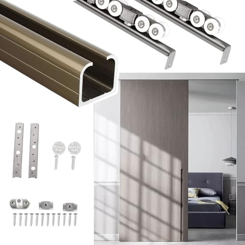 Kit Puerta Corredera Kit de Herrajes para Puerta Corredera con Riel de Techo, Riel de Reemplazo de Aluminio para Puerta Corredera de Armario, Colgadores de Rodillos Silenciosos(88in(224cm))