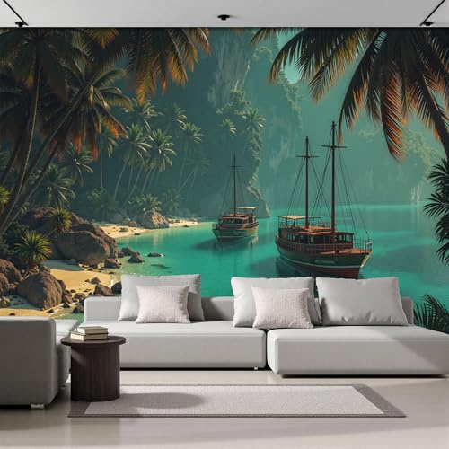 Papel Pintado Panorámico 450An×315Al cm Playa Tropical Barco Madera Tejido No Tejido Papel Tapiz Fotomurales,Decoración De Pared Naturaleza Bosque Murales Diseno Fotográfico Dormitorio Salón Azul