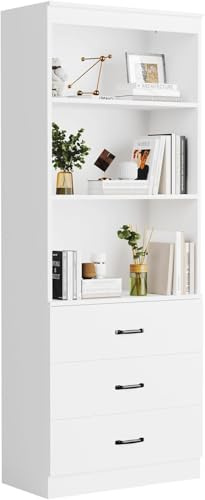 oneinmil Bookcase with 3 Drawers, Tall Bookshelf Display Rack with 3-Tier Open Shelves, Storage Shelves for Home Office, Living Room, Bedroom, White, 6 Tier