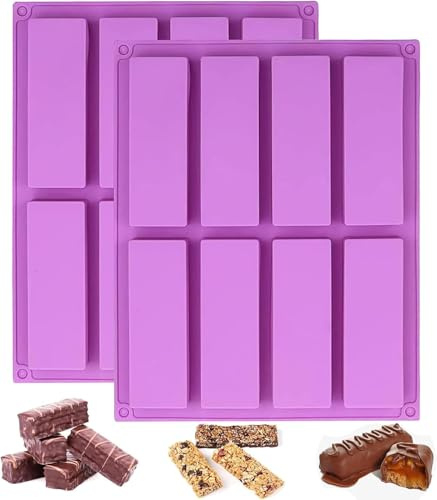 8 Cavity Large Rectangle Chocolate Bar Mould Cereal Energy Bar Moulds, 2PCS Granola Bar Silicone Molds, Reusable Baking Pan for Baking Nutrition Bar Brownie Cheesecake Bread Pudding Soap Truffles