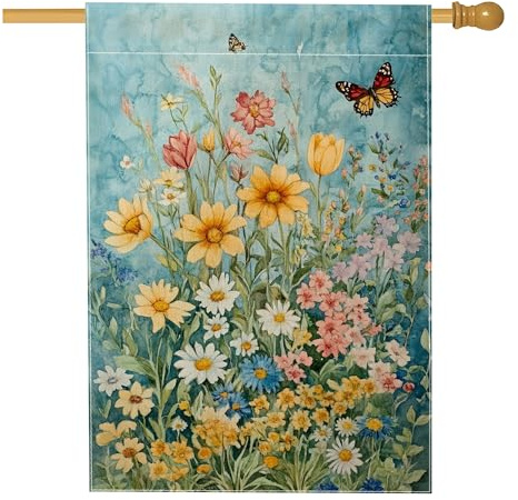 Bandiera della casa delle farfalle, fiore naturale primaverile crisantemo giallo primaverile iuta doppia faccia decorativo esterno portico bandiere per esterni prato cortile ingresso patio 71 x 101 cm