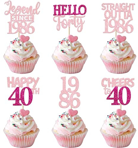 Xsstarmi 24 Pack 40th Birthday Cupcake toppers Pink Glitter Cheers to 40 years old Cupcake Picks for Hello forty Legend Since 1986 Birthday Party Cake Decorations Supplies