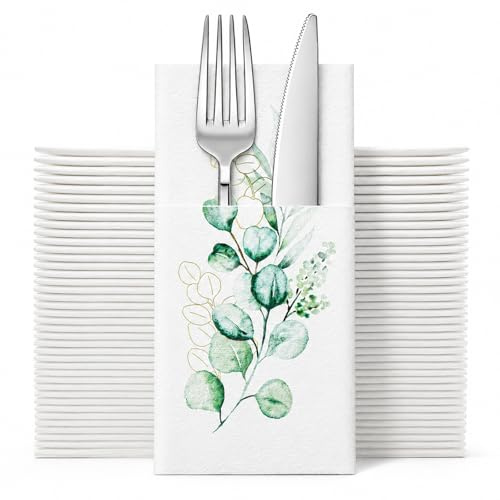50 Stück Besteckservietten, Servietten Eukalyptus, Servietten Hochzeit, Serviettentaschen für Besteck, Bestecktasche für Tischdeko, Taufe, Kommunion, Geburtstag (40x40cm) (Weiß 1)