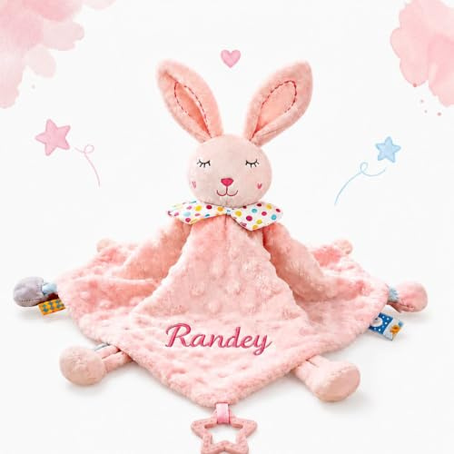 Schmusetuch mit Namen Personalisiert, Baby Kuscheltuch mit Stickerei und Knisterpapier, Minky Dot Schnuffeltuch Tier mit Sternclip und Satinbändern, Schmusetuch Baby Mädchen Jungen Geschenk zur Geburt
