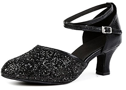 OCHENTA Womens Sequined Leather Pointed Toe Kitten Heel Latin Ballroom Dance Shoes Suede Black-UK 6-Tag 41