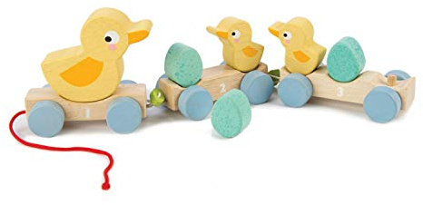 Tender Leaf Toys - Pull Along Ducks - Classic Wooden Pull Along Toy - 9pc Duck Family Set with 1 Mother Duck, 2 Baby Ducks, 3 Eggs and 3 Cars - Encourages Number Learning - 18Mths+