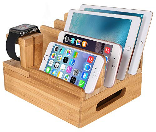 XPhonew Bamboo Wood Multi-Device Desktop Charging Dock Station Charger Holder Cradle Charge Stand Compatible iPhone 16 15 14 13 12 11 Pro Max XS MAX iPad Apple Watch/iWatch 2 3 4 Samsung Smartphones