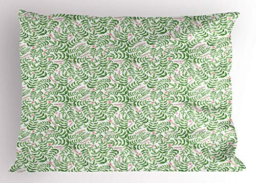 ABAKUHAUS Peony Pillow Sham, Spring Season Gardening Leaf, Decorative Standard Queen Size Printed Pillowcase, 30 X 20, Fern Green Pale Pink