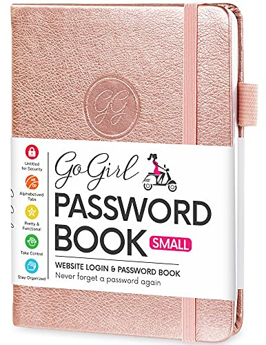 GoGirl Password Book with Alphabetical tabs – Internet Address & Password Keeper Logbook for Password Organization, Journal Notebook for Saving Website Logins. Small Size 11 x 14.5cm - Rose Gold
