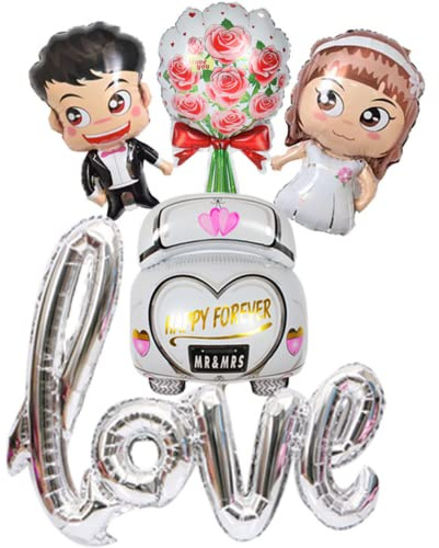 DIWULI Hochzeit 5 Teile Set - Mr and Mrs Ballon, Love, Blumenstrauß + Auto Folien, Just Married, Wedding, Hochzeits-Deko, Hochzeitsfeier, Hochzeitstag, Dekoration, Silber