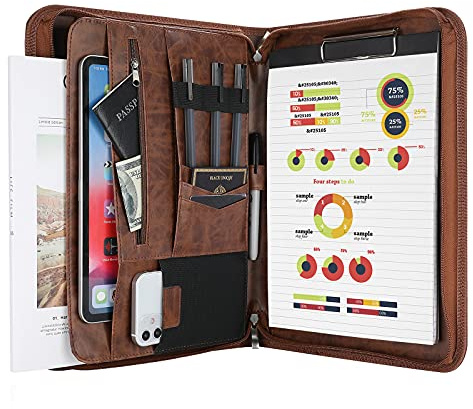 ProCase Portafolio Grande con Cremallera, Portacuaderno Profesional Organiza Documento/Tarjetas/Plumas, Bolsillo de Tableta y Móvil Carpeta de Cuaderno de Notas, Útil para Escuela y Trabajo - Marrón