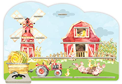 Farbklecks-Collection Musikboxregal Bauernhof, Wandregal für bis zu 45 Hörfiguren, Maße 46 x 67 x 6 cm, mit speziellem Ablagefach kompatibel mit Toniebox, handgefertigt in Deutschland
