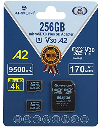 Amplim Micro SD Card 256GB | 2X 256 GB Memory Cards Plus Adapter, Extreme High Speed 170MB/S A2 MicroSDXC U3 Class 10 V30 UHS-I for Nintendo-Switch, Surface, Phone, Camera Cam, Tablet