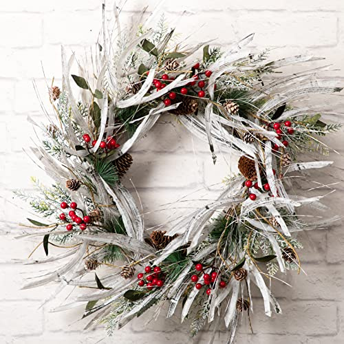 LOHASBEE Artificial Christmas Wreath, 24 Snow Flocked Pine Cone Grapevine Frosted Wreath with Red Berries Eucalyptus for Front Door Winter Christmas Home Hanging Wall Window Party Decor