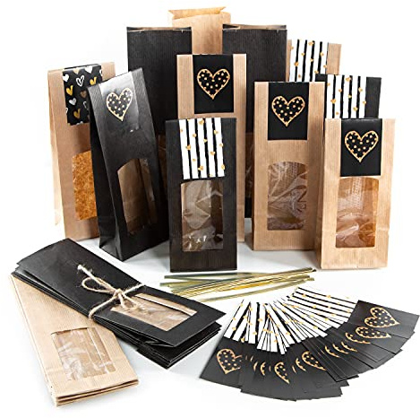 Logbuch-Verlag 20 Geschenktüten mit Fenster schwarz braun mit Geschenkaufkleber - Verpackung für Lebensmittel Tee Kaffee Gewürze 26,5 x 8,5 x 5 cm