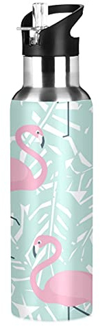 Mnsruu Bouteille d'eau isotherme en acier inoxydable avec motif flamant rose et feuille de palmier bleu - 590 ml - Cadeau de Noël ou d'anniversaire pour garçons et filles