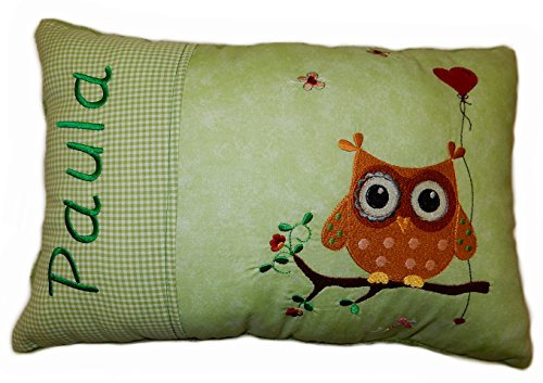 Momelie Grünes Schmusekissen * Kuschelkissen * Eule mit Ballon * mit Namen Bestickt * in der Größe 25 * 40 cm * SK-gn_0026