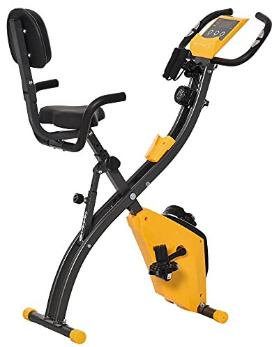 HOMCOM Klappbarer Heimtrainer, Trainingsrad, Hometrainer für Erwachsene, 8 magnetische Widerstandsstufen, Handpulssensoren, LCD-Multifunktionsdisplay, verstellbarer Sattel, Stahl, gelb, grau