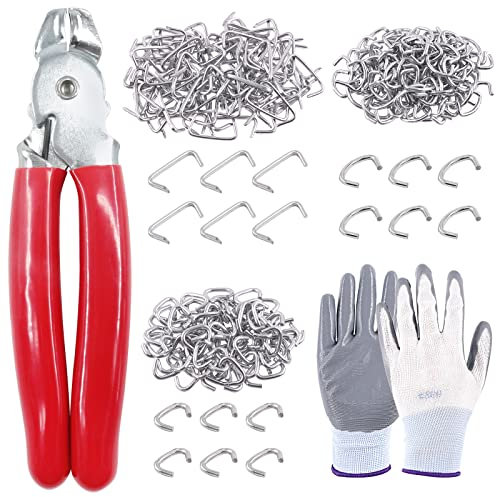 Keadic K879 242 Pcs 3/4 inch 1/2 inch 3/8 inch Galvanized Hog Rings with Straight Hog Ring Pliers, Professional Upholstery Installation Kit with Protective Gloves, Bungee Shock, Meat & Sausage Casings