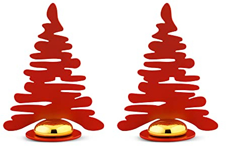 Alessi Barkplace Tree BM16S2 R – Set mit Zwei Tischkarten in Form eines Weihnachtsbaums, aus Farbigem Stahl mit Epoxidharz, Rot mit Porzellanmagnet
