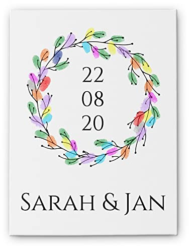 CHRISCK design - Leinwand Gästebuch Hochzeit - Fingerabdruck Blumenkranz - Hochzeitsidee mit Fingerprints - Hochwertiger UV Druck - Wandmontage - für Wohnzimmer, Schlafzimmer, Küche