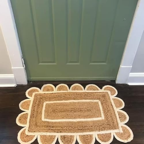 KLAVATE Scalloped Home Decor Braided Bohemian Jute Classic Quality Made Natural Hand Woven Area Rug (White, 2x3 feet)
