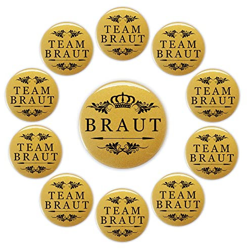 Goldenes JGA Buttons Set | 1xBraut (Ø56 mm) + 10xTeam Braut (Ø37 mm) | Metallic Anstecker Junggesellenabschied Party