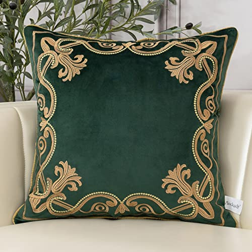 Aeckself Housse de coussin florale européenne décorative et raffinée, brodée en velours, pour canapé, chambre à coucher, salon, 40,6 x 40,6 cm, vert émeraude foncé et doré