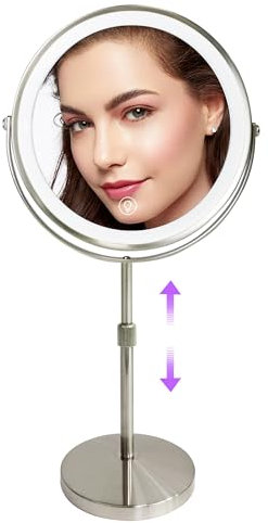 WITFAMILY 8'' höhenverstellbarer 1x/10x Tischspiegel, wiederaufladbarer Stand-Makeup-Spiegel mit 3 Farbmodi und Einstellbarer Helligkeit (Nickel)