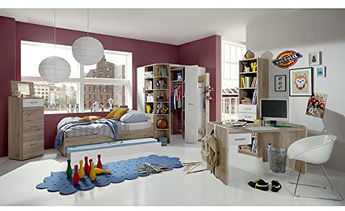Lomadox Teenager Jugend Zimmer komplett Setmit Ausziehliege Gästebett inkl. Schreibtisch, Hochkommode und Regal in Eiche Nb. mit weiß