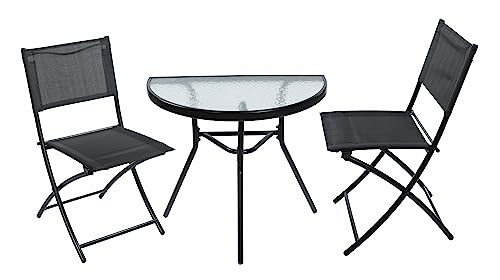 JUMI Balkonset - 2 Klappstühle mit Textilene-Stoff + Halbrund Gartentisch, Kompaktes Gartenset, Praktische Stühle für den Balkon, Glastisch, Wetterfest, Metall, Schwarz