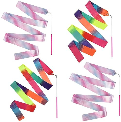 TOYMIS 4 Bänder für Gymnastik, 200 cm, glitzerndes Tanzband, Regenbogenband, Tänzerin, Zauberstab, Luftschlangen auf einem Stab, für Kinder, Mädchen, künstlerisches Tanztraining, Geburtstag