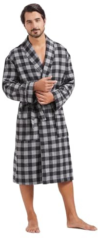 FashGudim Bata de baño de algodón a cuadros de búfalo para hombre, ligera, con cuello de manta, kimono, ropa de dormir, ropa para usar en la casa, Negro & gris, 4XL-5XL