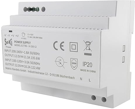 SeKi Fuente de alimentación/transformador de riel DIN de 12 V, 11,3 A, 135 W, certificado CE, montaje en carril, 58 mm de profundidad/ancho