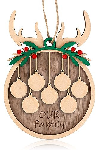 NQEUEPN Adornos Navideños de Madera, Alce Bricolaje Nombre de Familia Colgantes para Árbol de Navidad Con Cuerda Linda Etiqueta (7 Nombres)