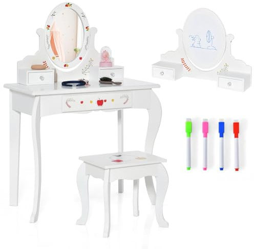 RELAX4LIFE Toeletta con Sgabello per Bambini, Tavolo da Trucco con Specchio Cosmetico Girevole, Struttura Antiscivolo con Sicurezza Anti Ribaltamento, Scrivania e Sgabello da Cameretta (Mela)