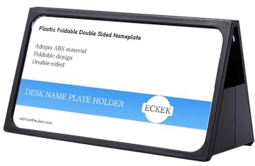 ECKEK Soporte para placa de nombre de escritorio, soporte de plástico para exhibición de mesa, placa de identificación plegable de doble cara (negro, 150 x 80 mm)